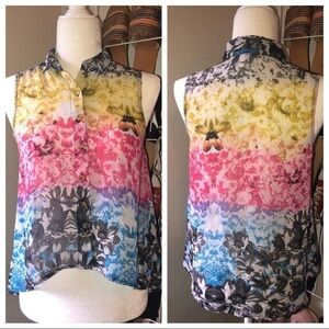 Floral Sleeveless Blouse Multicolor Flowy Button Up Size S